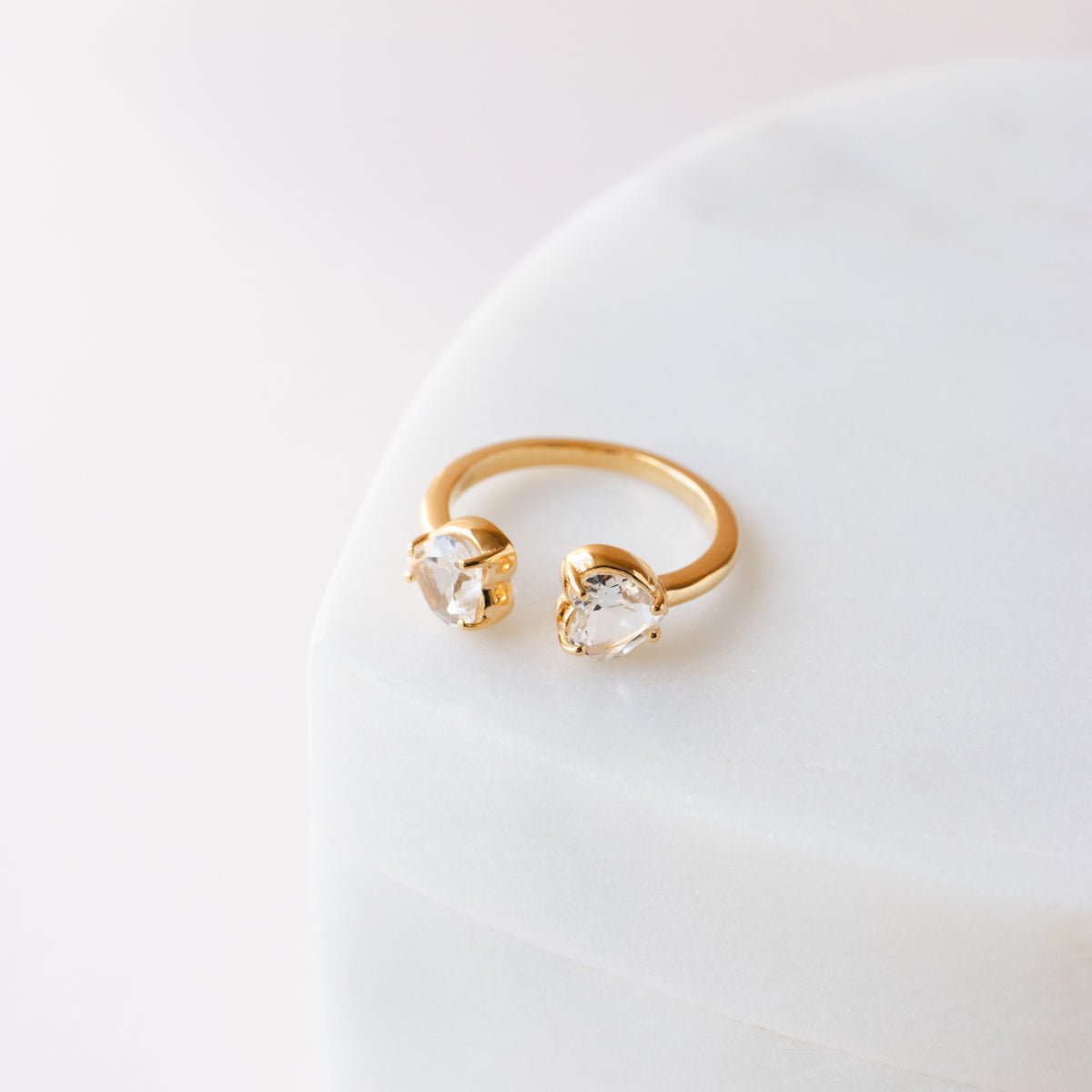Love Duo Heart Ring - 14K Gold Plated White Topaz Jewelry for Women, Romantic Gift for Her, Anniversary & Valentine's Day Present
