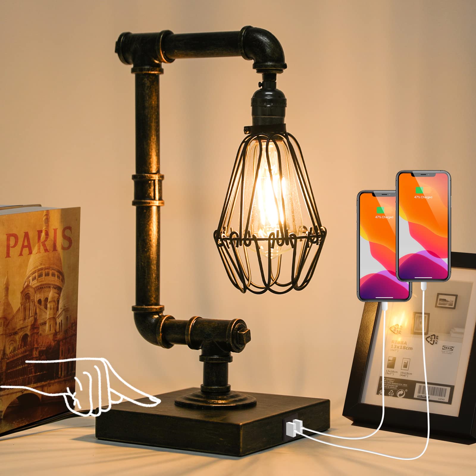 FAGUANGAO Vintage Industrial Table Lamp - Steampunk Touch Control 3-Way Dimmable Edison Desk Lamp with 2 USB Ports, Retro Iron Cage Design, Rustic Bedside Lighting for Bedroom, Office & Living Room (Bulb Included) | Perfect for Reading, Working & Home Decor