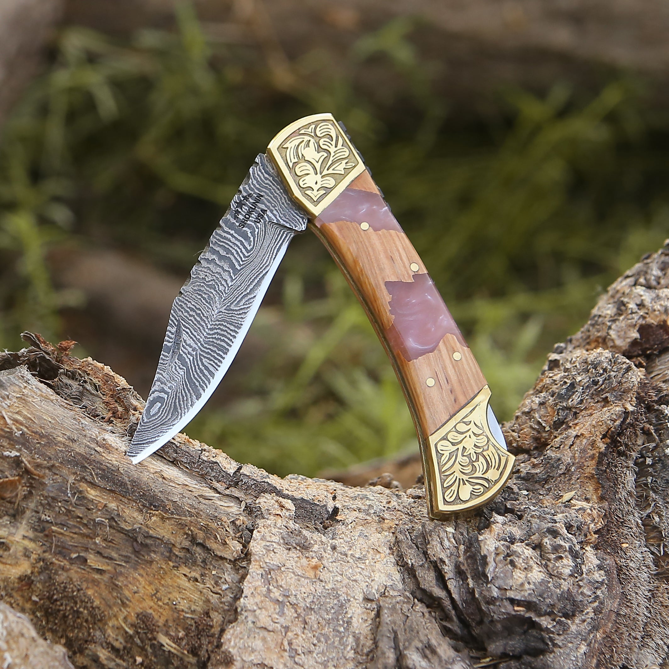 Handmade Damascus Steel Pocket Knife with Leather Sheath & Olive Wood Handle - Perfect for Camping, Hiking, EDC & Outdoor Adventures