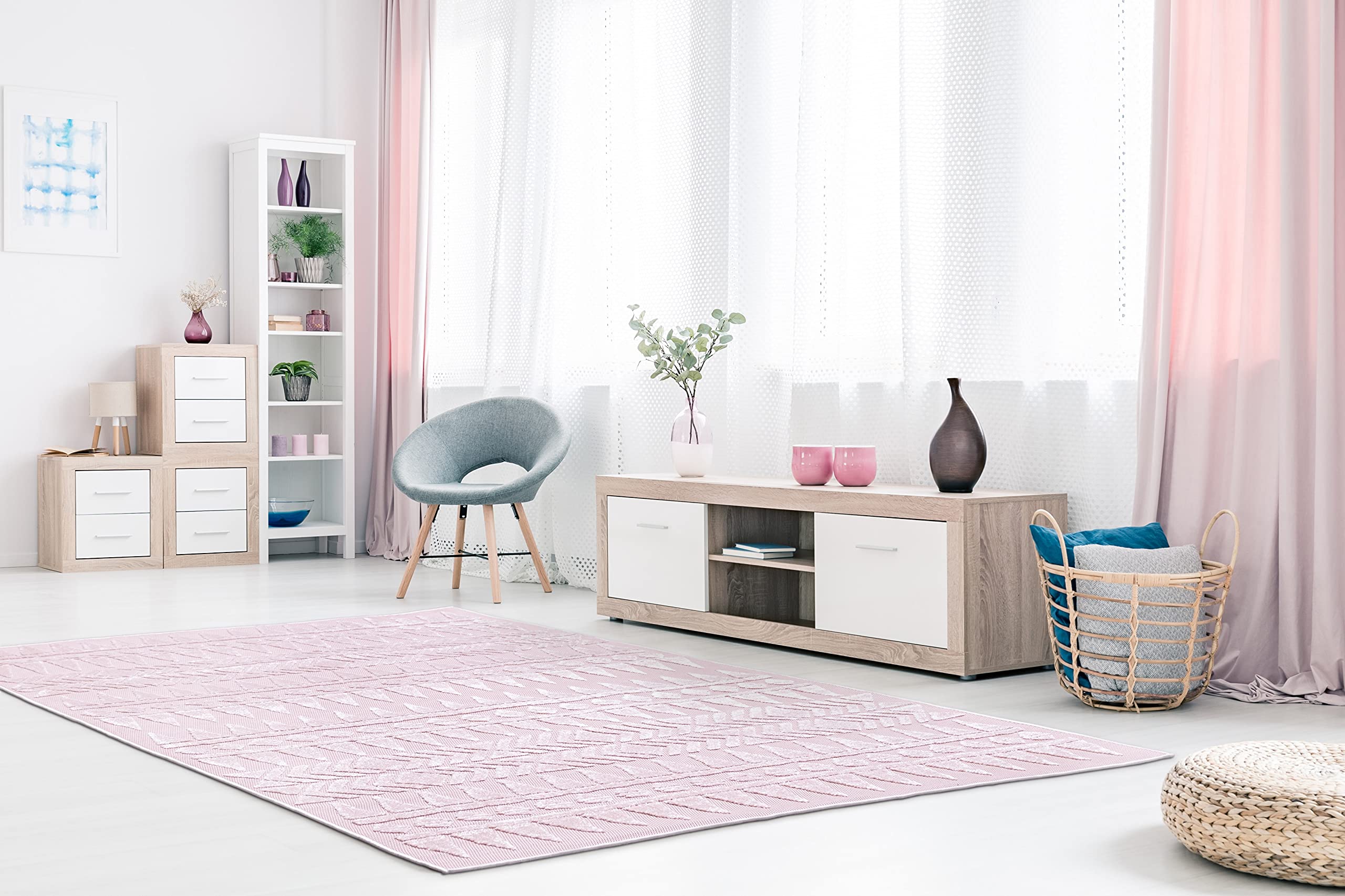 Ladole Rugs Santorini Pink Geometric Area Rug - Soft Non-Slip Boho Chic Carpet for Living Room, Bedroom, Nursery & Home Decor