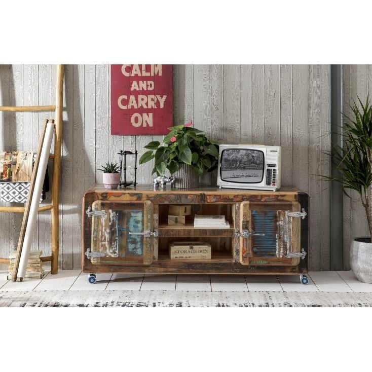 Vintage Reclaimed Wood TV Stand with Wheels - 1.35m Rustic Entertainment Center for Living Room | Mobile TV Console for Retro Home Decor