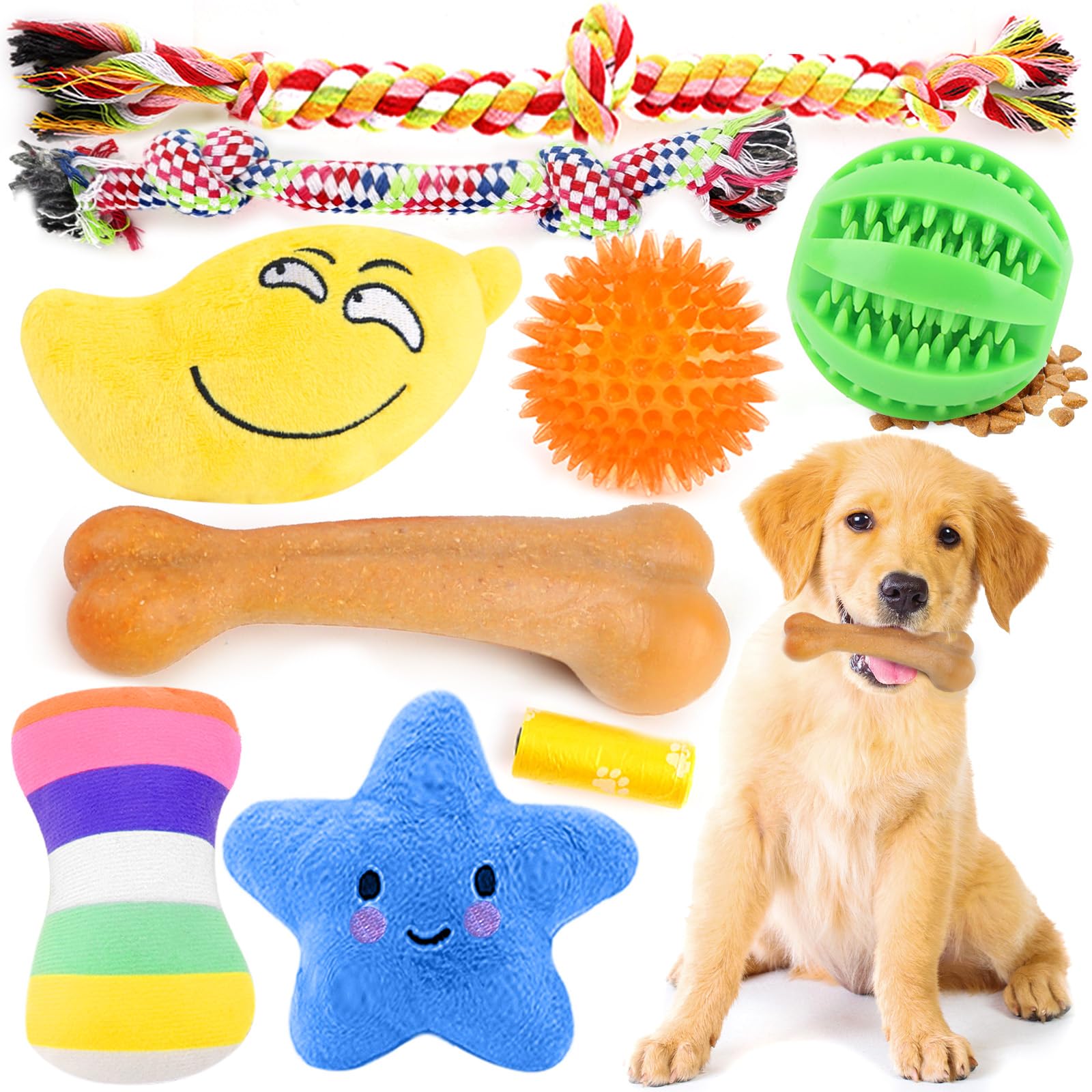 **9 Pack Dog Toys - Durable Puppy Chew Toys for Teething, Interactive Squeaky Plush & Rubber Rope Toys for Small Dogs, Treat Balls & Bones for Aggressive Chewers - Perfect for Indoor Play, Training & Dental Cleaning**