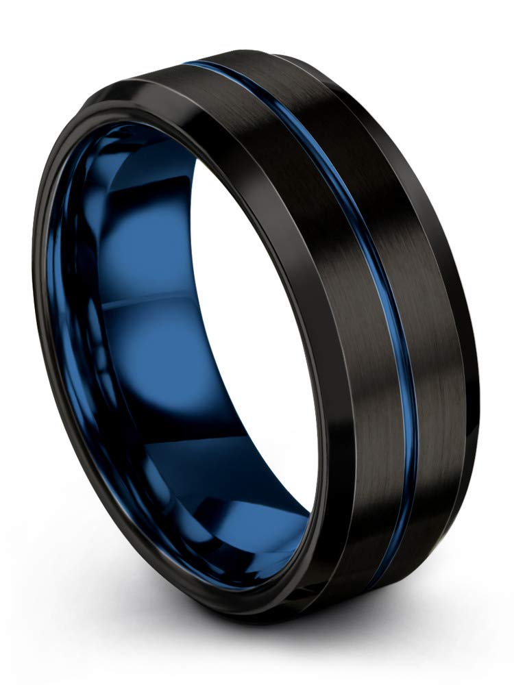 Premium Tungsten Carbide Wedding Band Ring for Men & Women - 8mm Blue Black Center Line, Bevel Edge, Brushed & Polished Finish - Custom Engraved for Anniversaries & Engagements - Perfect for Everyday Wear, Special Occasions & Gift Giving