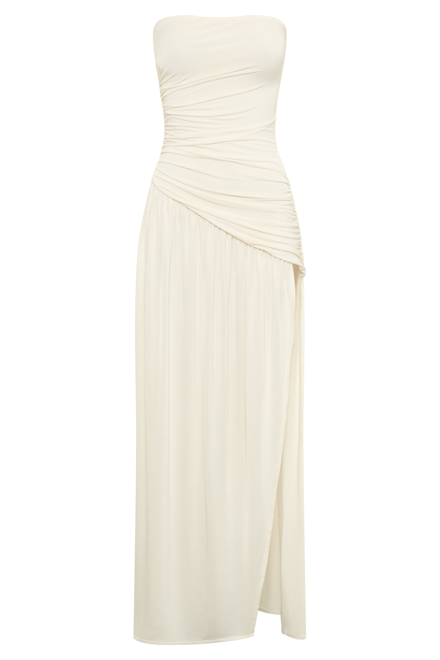Bex Strapless Slinky Maxi Dress with Thigh High Split - Ivory | Elegant Evening Gown for Weddings, Parties & Date Nights