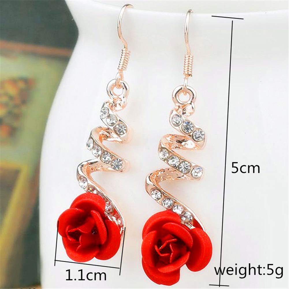 Elegant Vintage Rose Gold Spiral Dangle Earrings with Rhinestones - Romantic Red Rose Drop Earrings for Women | Perfect for Weddings, Date Nights & Special Occasions