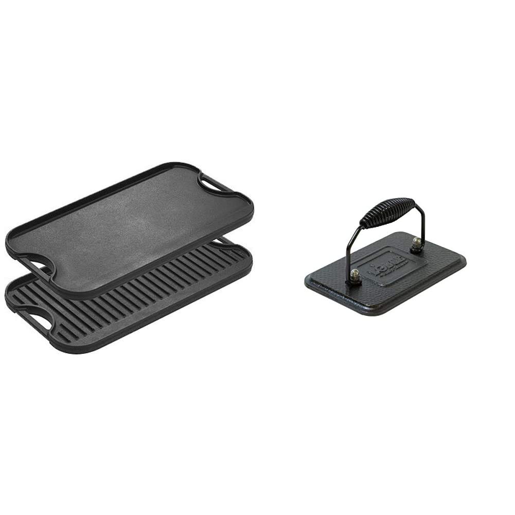 Lodge LPGI3 20-inch Cast Iron Reversible Grill & Griddle with LGP3 Pre-Seasoned Rectangular Grill Press - Perfect for Outdoor BBQ, Camping & Indoor Stovetop Cooking