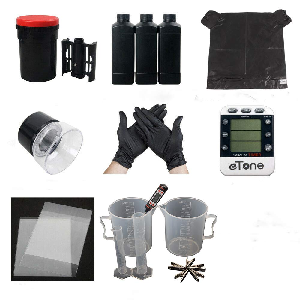 Professional Darkroom Kit for Film Developing - Includes Spiral Reel, Timer, Chemical Bottles & Magnifier - Compatible with 4x5 & 4x10 B&W/Color Films - Perfect for Home Darkrooms & Photography Studios