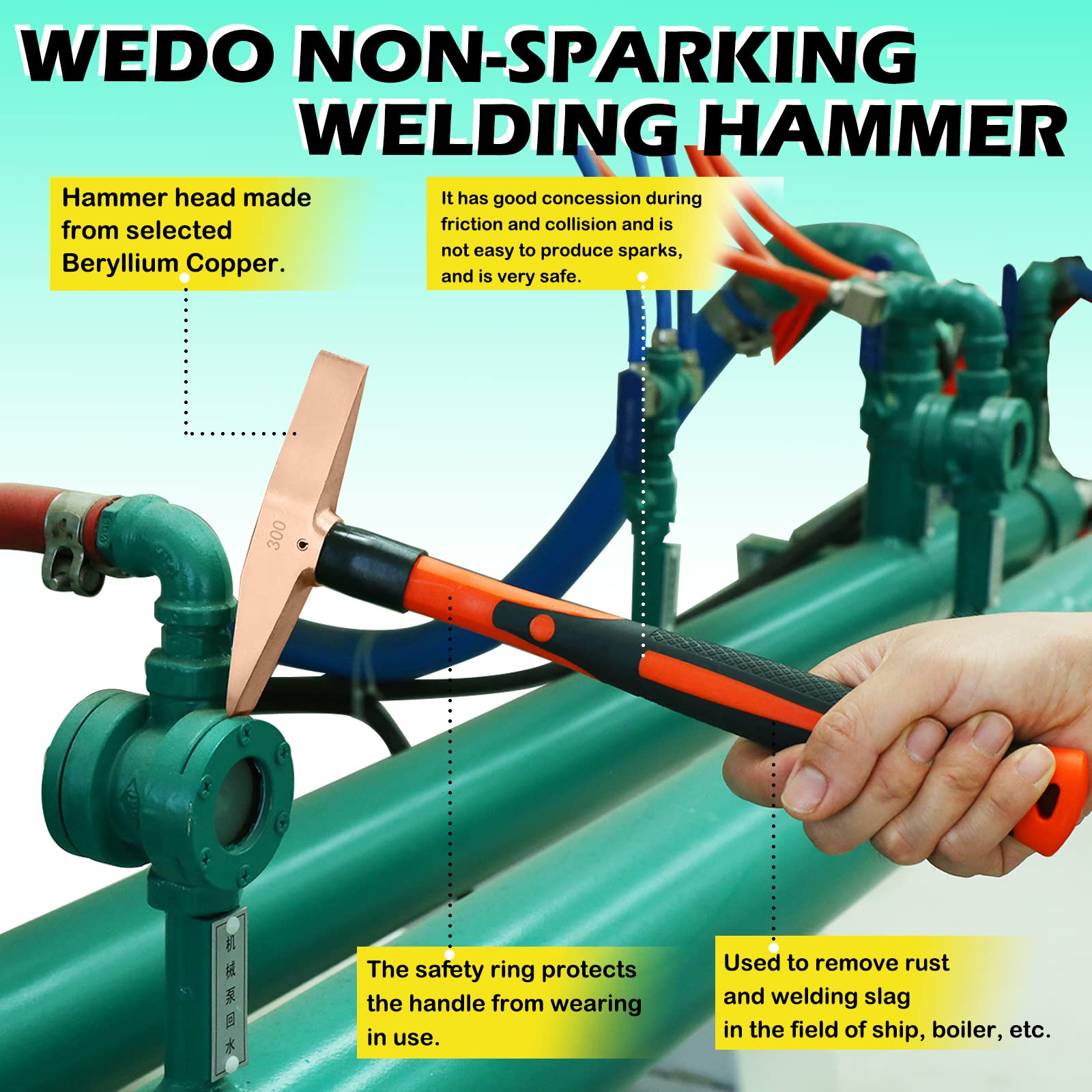 WEDO Beryllium Copper Non-Sparking Welding Chipping Hammer - 300g (0.7lb) Fiberglass Handle Slag Removal Tool - 280mm (11