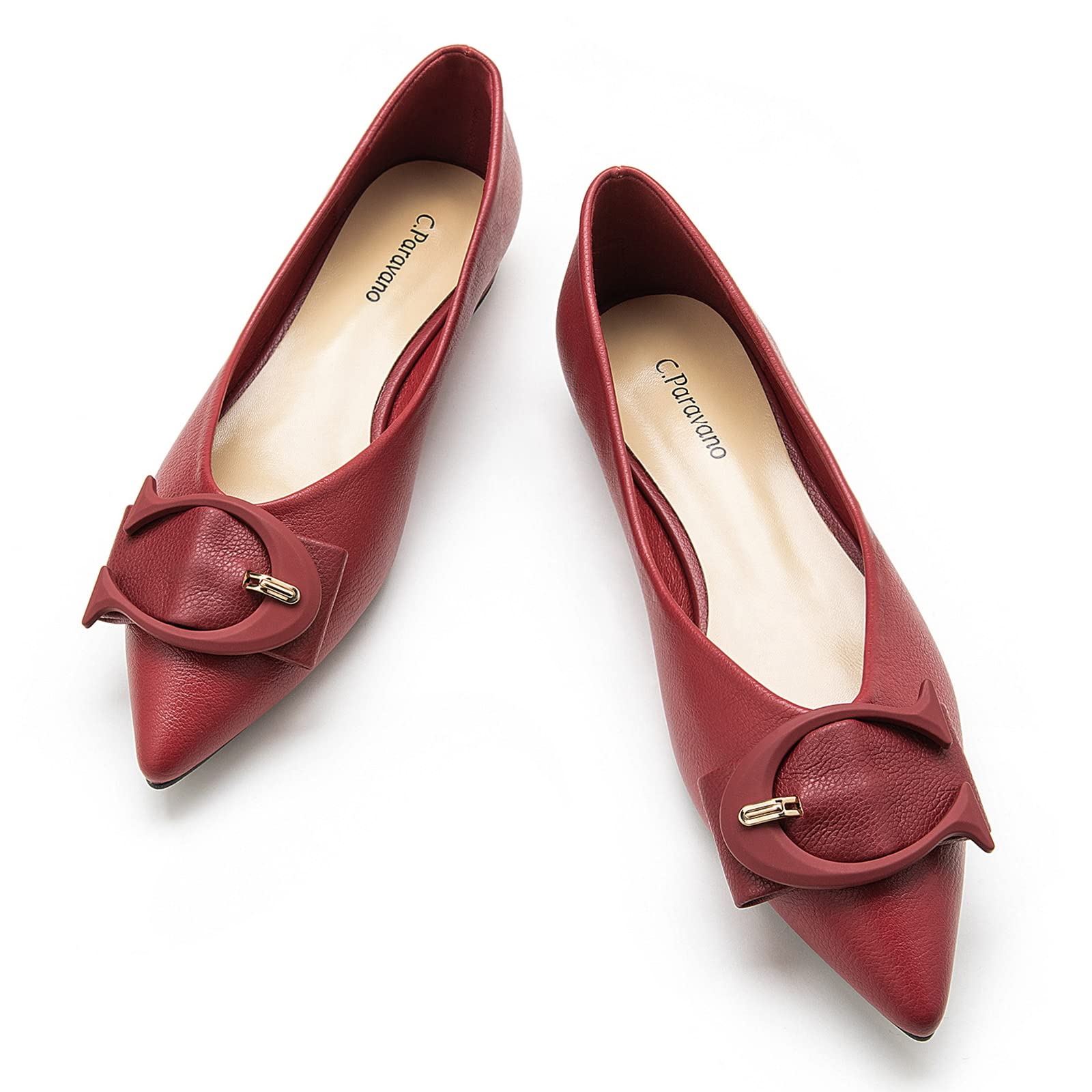 C.Paravano Women's Ballet Flats - Pointed Toe Leather Flats for Women (Size 10.5, Red, Grain) | Comfortable & Stylish Shoes for Work, Office, and Casual Wear