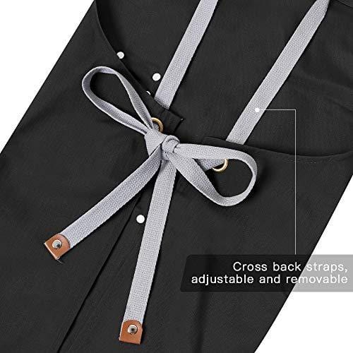 Premium Chef Apron for Men & Women - Adjustable Cross Back Straps & Large Pockets - Heavy Duty Canvas Kitchen Apron - Size M to XXL (Black) - Ideal for Cooking, Baking, BBQ & Restaurant Use