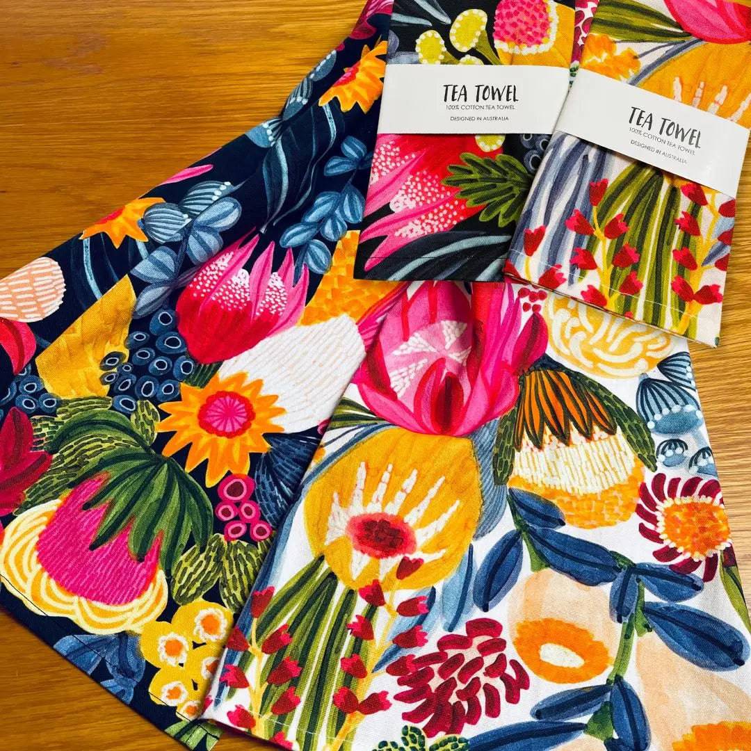 Premium Bush Flowers Tea Towel Set - 100% Cotton Kitchen Towels (Set of 3) - Absorbent & Decorative for Tea Time, Baking & Kitchen Decor