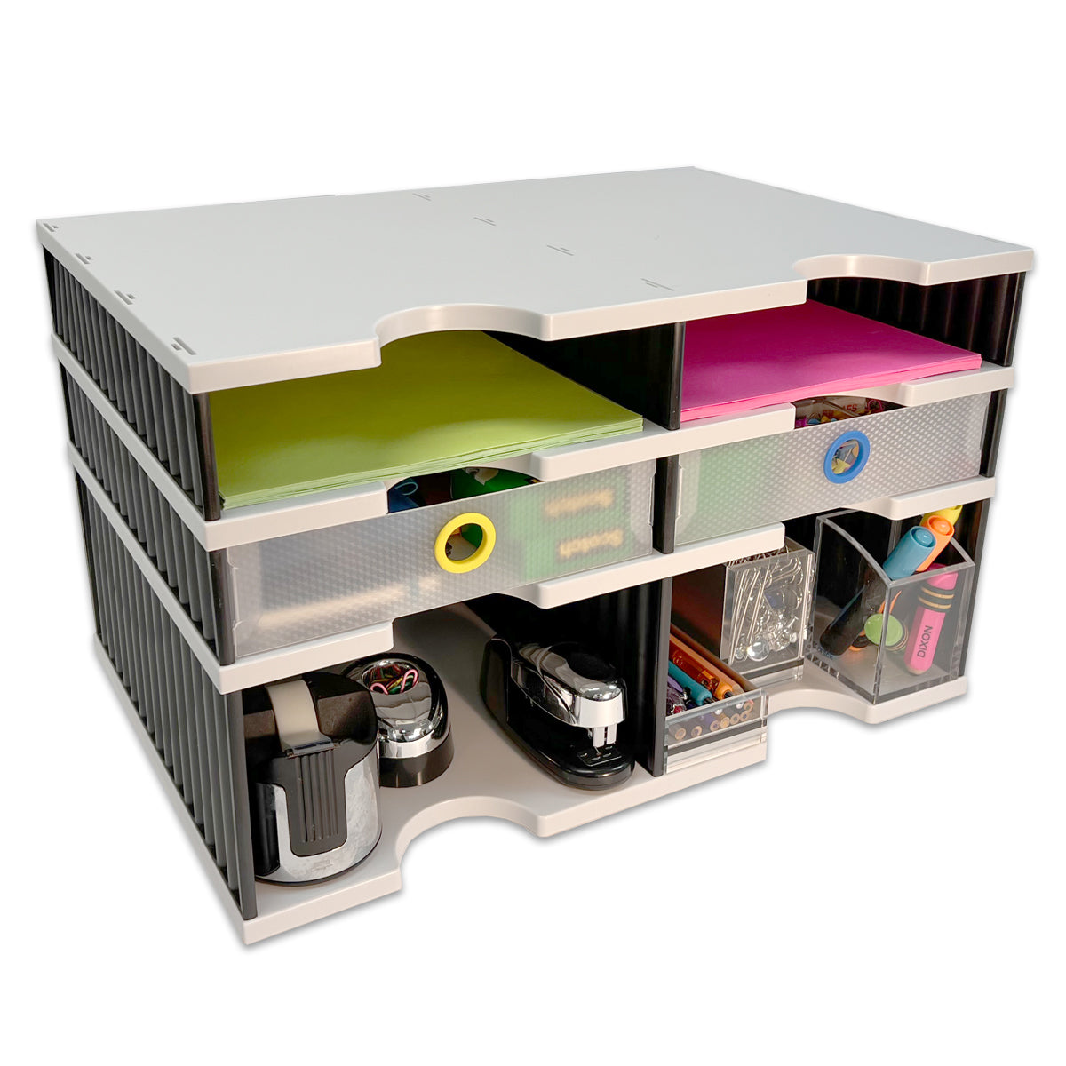 4-Tier Desktop Organizer with Letter Trays, Riser Storage & Drawers - Modular Document & Supply Organizer for Office, Home, or Workspace | Perfect for Files, Forms, and Frequently Used Items