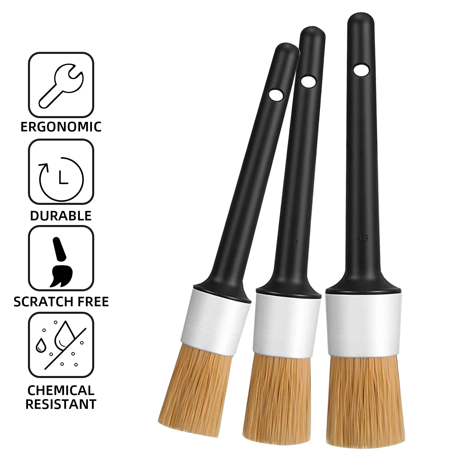 Kingsea Premium Boar Hair Car Detailing Brushes - Ultra Soft 3-Piece Interior & Exterior Cleaning Kit for Wheels, Rims, Emblems, Engine & Air Vents | Perfect for Auto Detailing, Car Wash & Vehicle Maintenance