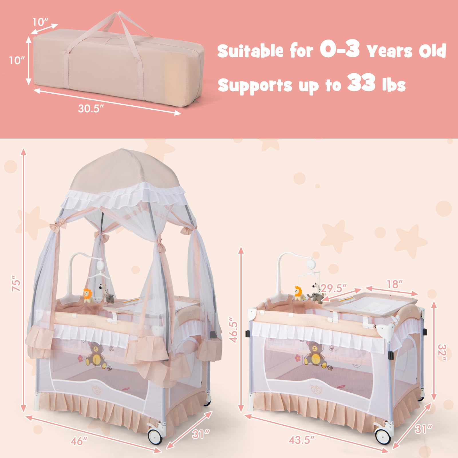 BABY JOY 4-in-1 Portable Playard with Canopy & Bassinet - Foldable Baby Crib with Wheels & Brake for Newborn to Toddler - Perfect for Travel, Nursery & Playtime (Pink)