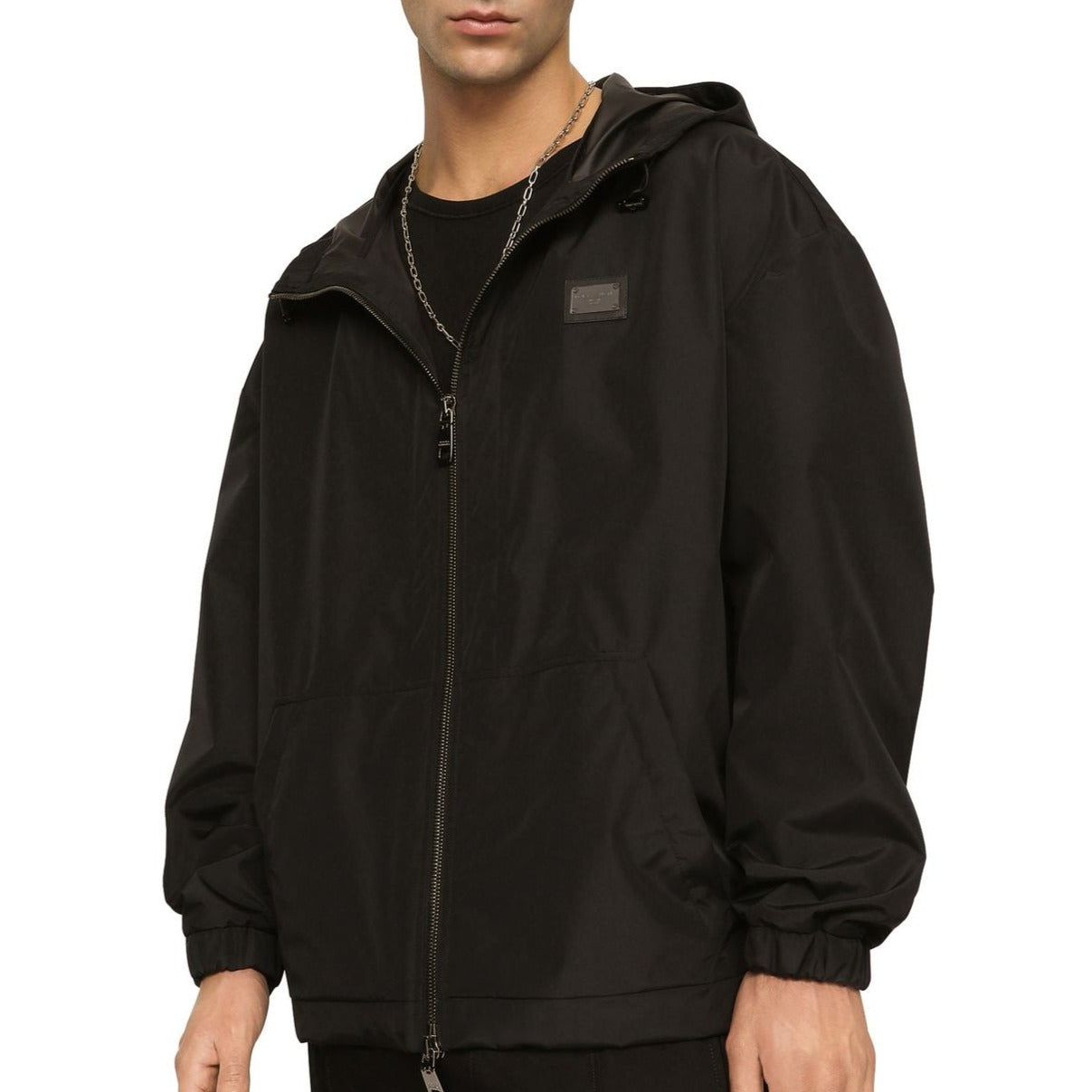 Dolce & Gabbana Men's Black Logo Plaque Windbreaker Jacket - Lightweight Waterproof Outdoor Sports & Urban Streetwear