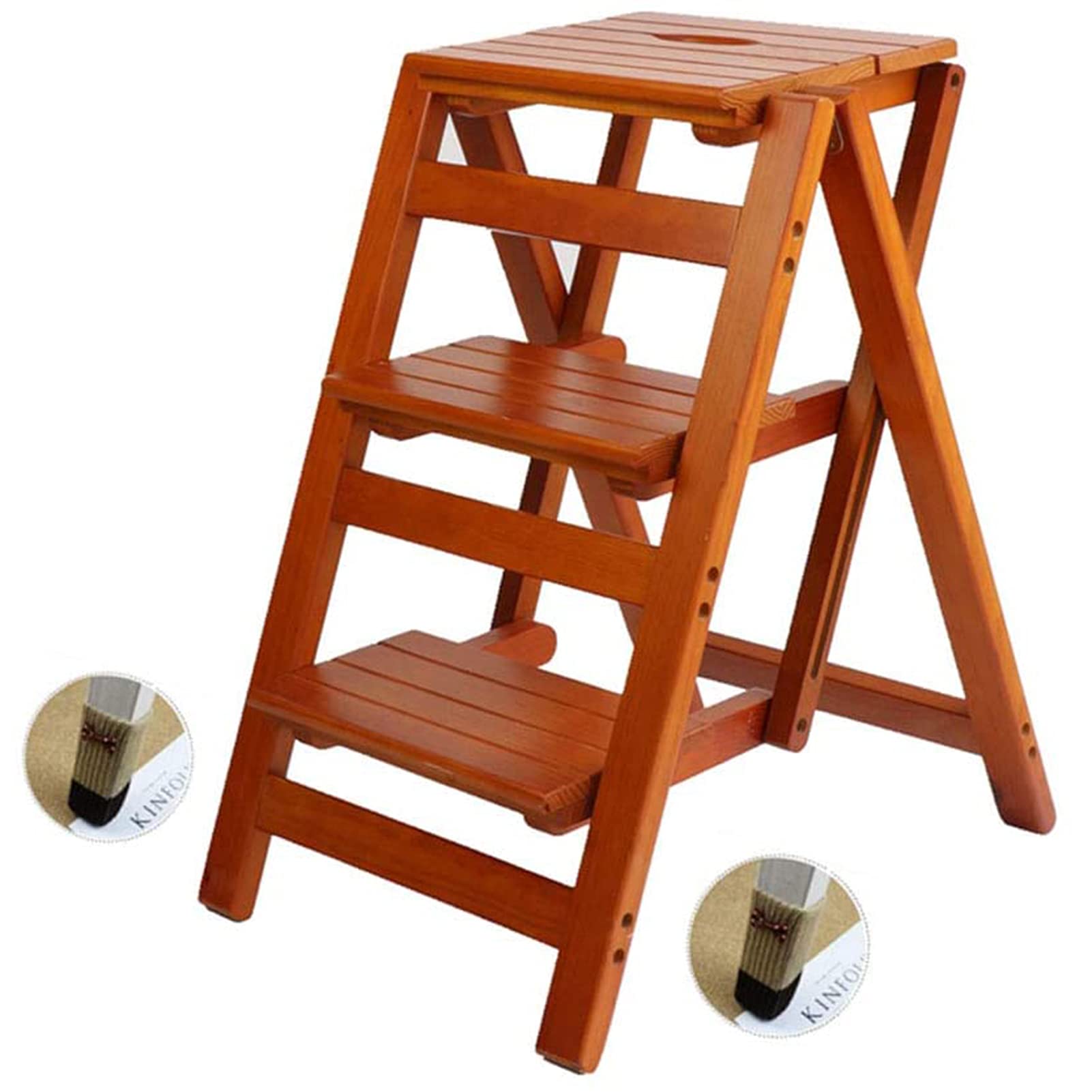 XHALERY 3-Step Folding Wooden Kitchen Step Stool with Non-Slip Foot Cover - Multifunctional Ladder Chair Seat for Home, Bathroom, and Garage Use (Brown)