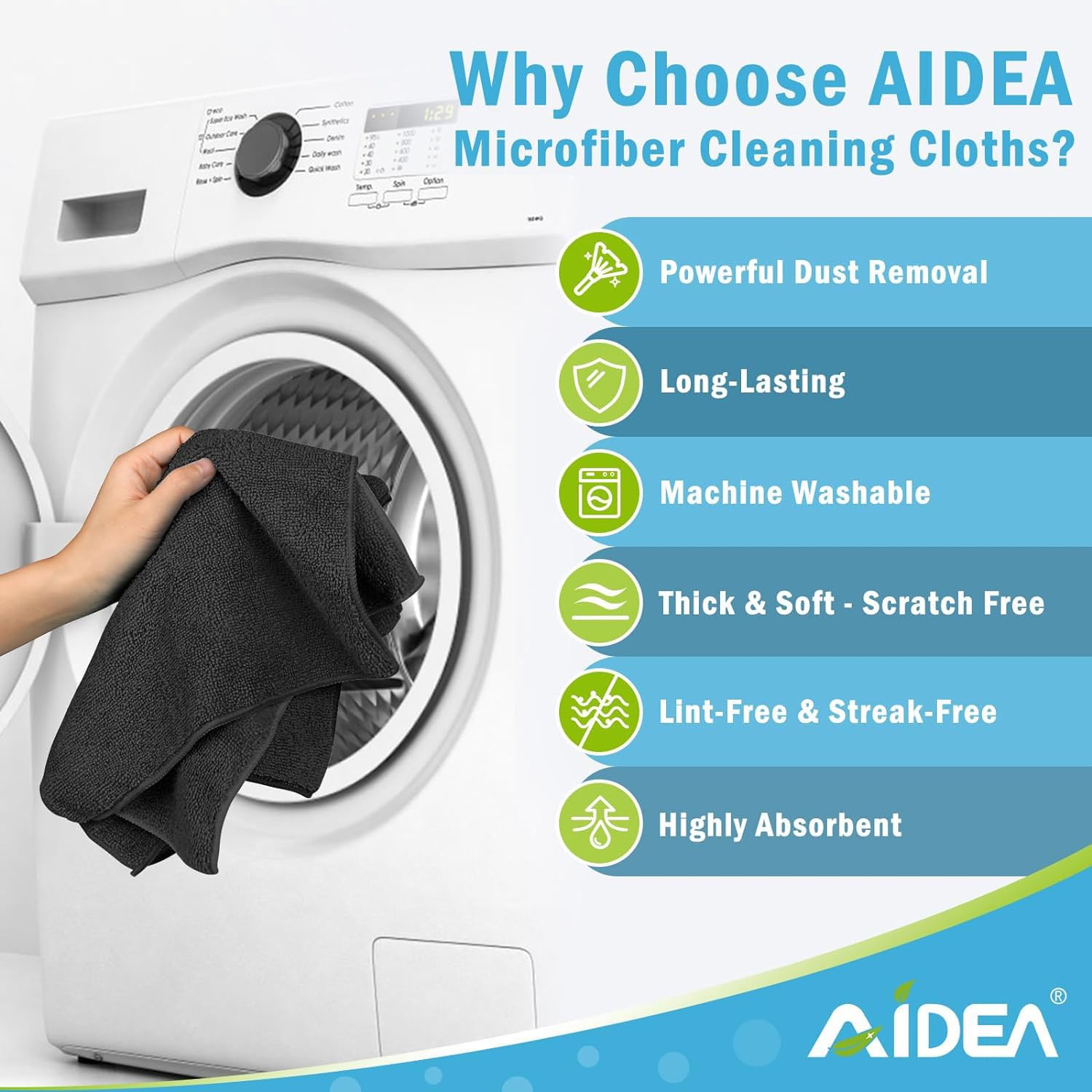 AIDEA 8-Pack Black Microfiber Cleaning Cloths - Ultra Soft, Highly Absorbent, Lint-Free & Streak-Free Cleaning Towels for Cars, Windows, Kitchen & Household Use (12x16 Inches) - Perfect for Car Detailing, Glass Cleaning & Dusting