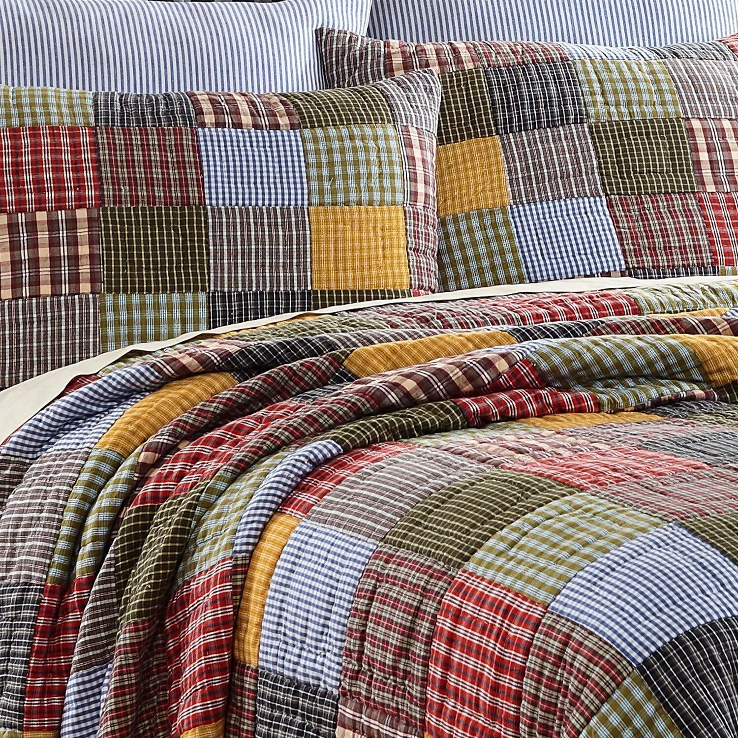 Reversible Cotton 3-Piece Quilt Set - Yellow, Blue & Green Queen Size Bedding for Cozy Home Decor & Guest Room Essentials