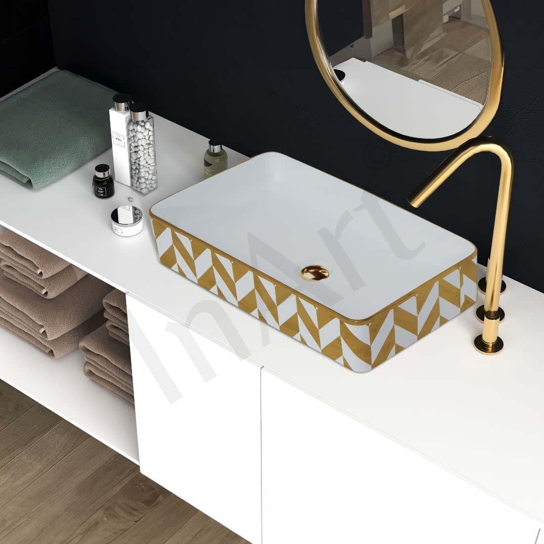 INART Ceramic Countertop Bathroom Sink - 24 x 14 x 4 Inch Over Counter Wash Basin in Plain White | Modern Tabletop Vessel Sink for Powder Room, Guest Bath & Small Space Installation