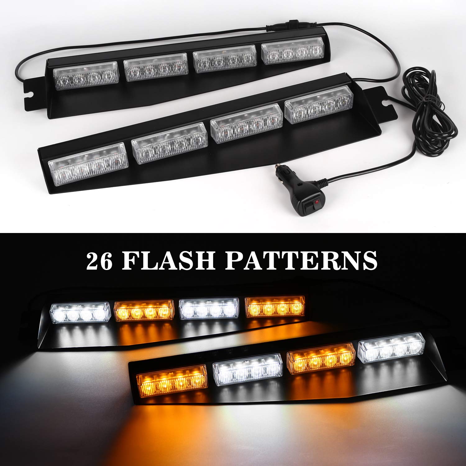 ASPL 32LED Emergency Visor Light - 26 Flash Patterns, Windshield Hazard Warning Strobe Beacon with Split Mount & Extendable Bracket (Amber/White) - Perfect for Police, Security, Construction & Emergency Vehicles