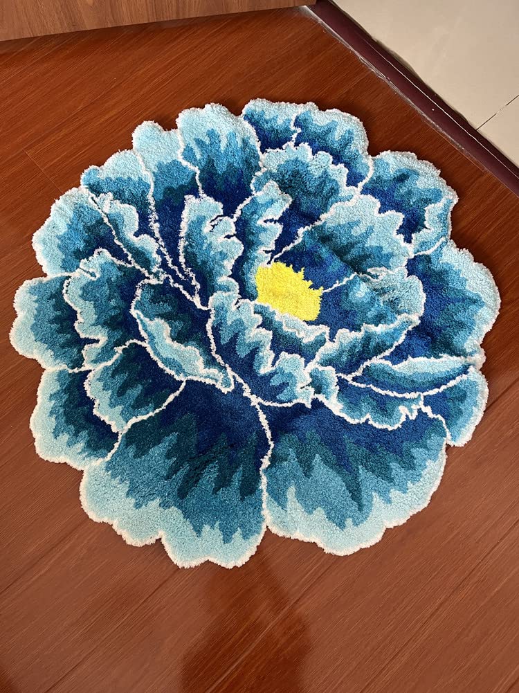 Blue Peony Flower Round Rug - Soft Plush Washable Non-Slip Bath Mat for Bedroom, Kitchen, Bathroom Floor Decor - Perfect for Home, Office & Nursery Floral Area Rugs