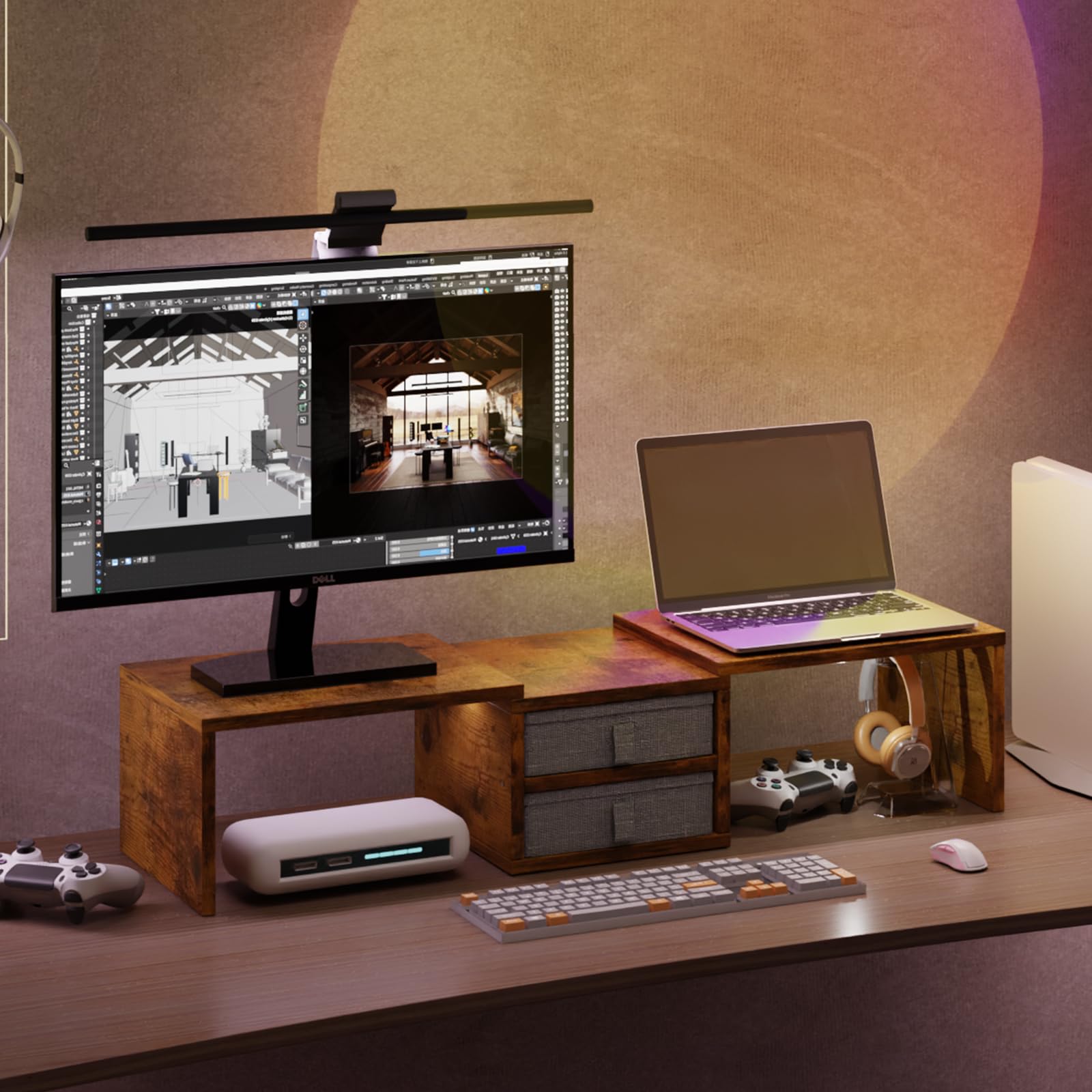 Adjustable Dual Monitor Stand with 2 Drawers & 3 Shelves - Ergonomic Computer Desk Organizer for 2 Monitors, Laptop, PC or TV - Perfect for Home Office, Gaming Setup & Workspace Organization