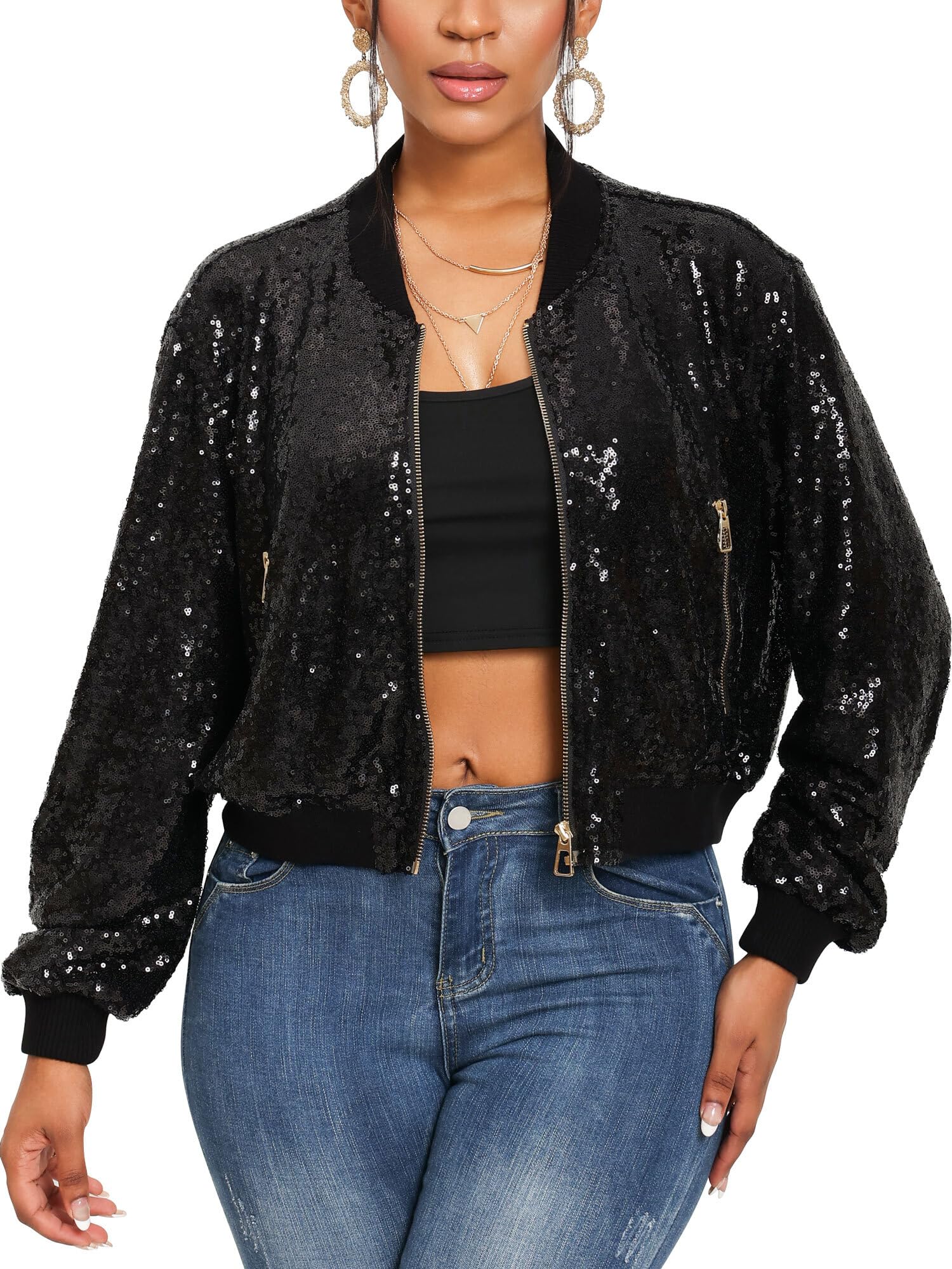 Sparkly Women's Sequin Bomber Jacket with Front Zip & Ribbed Cuffs | Long Sleeve Party Blazer for Night Out, Clubwear & Special Occasions