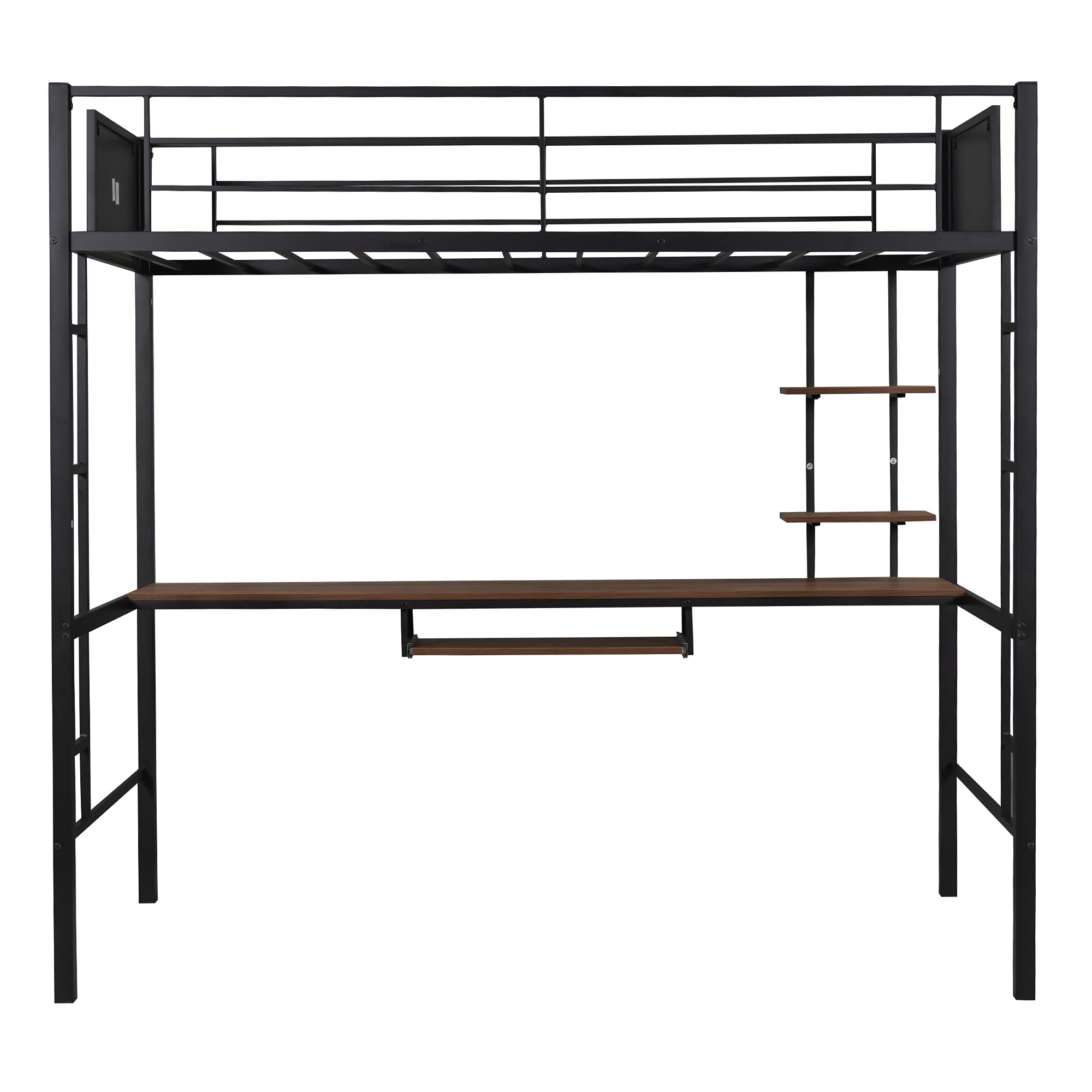 RUNNA Twin Size Metal Loft Bed with Long Study Desk - Space Saving Kids & Teens Bed with 2 Ladders, Keyboard Tray, 2 Storage Shelves & Full-Length Guardrail | Perfect for Small Bedrooms, Dorm Rooms & Studio Apartments