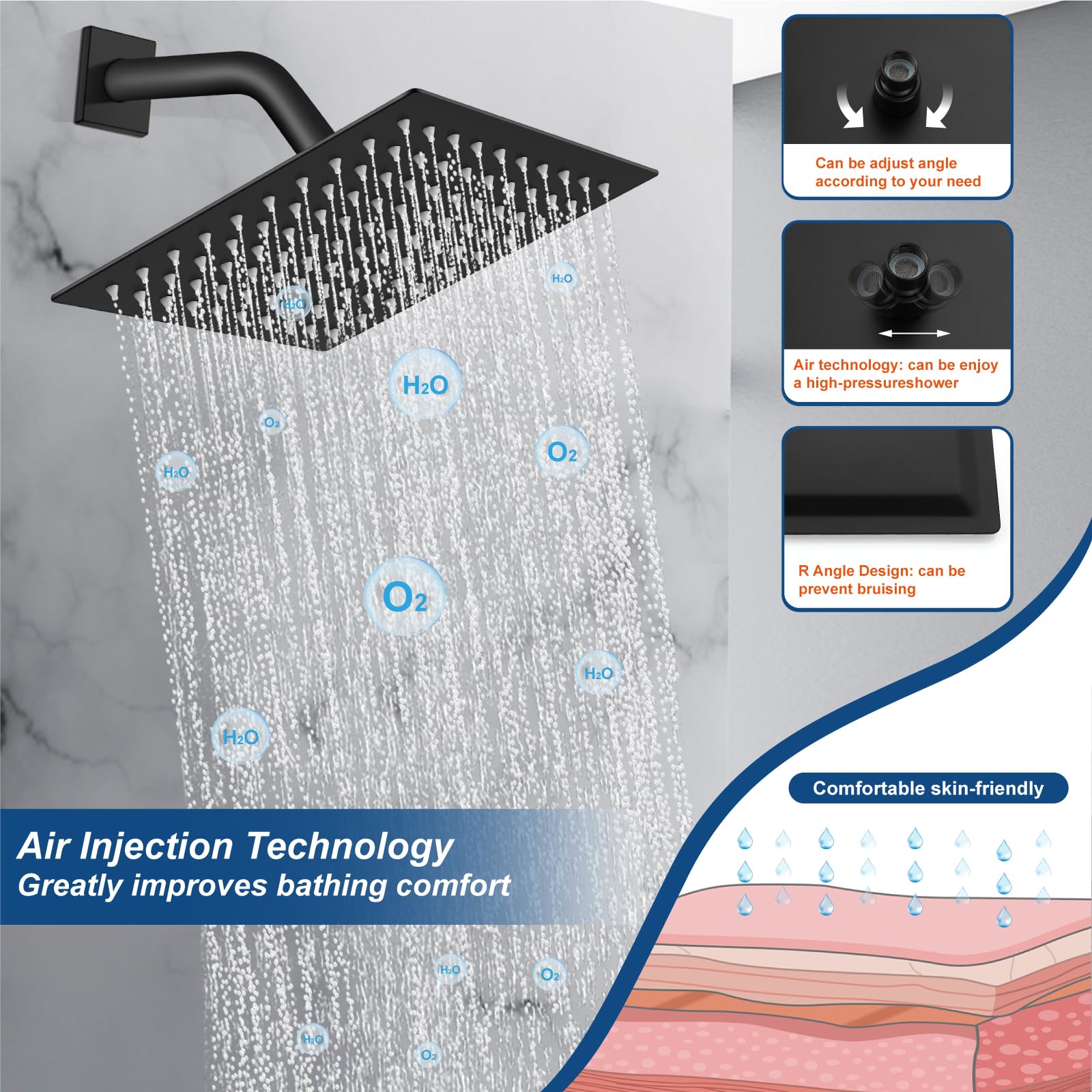 Midanya 8 Inch Matte Black Square Rainfall Shower System - Wall Mount Shower Head with Handheld Sprayer, Rough-in Valve & Bathroom Mixer Combo Set for Luxurious Spa Experience at Home