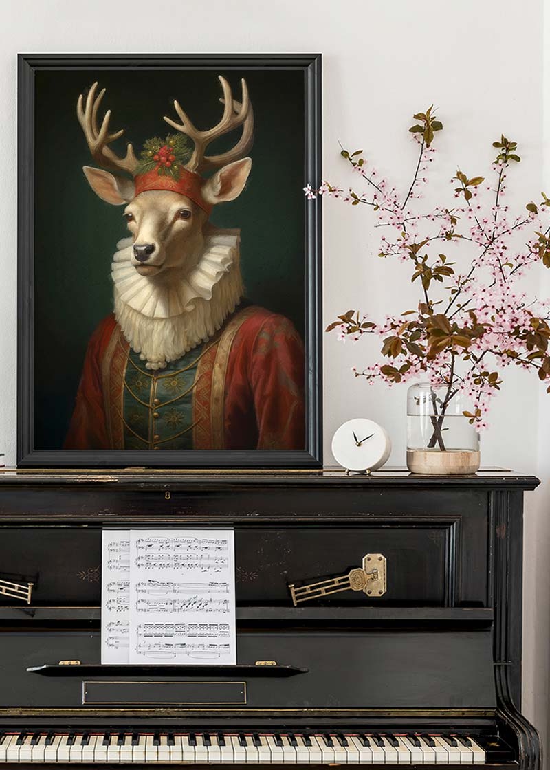 Christmas Reindeer Animal Portrait Print - Holiday Wall Art Decor for Living Room, Bedroom & Office - Festive Home Decoration Gift
