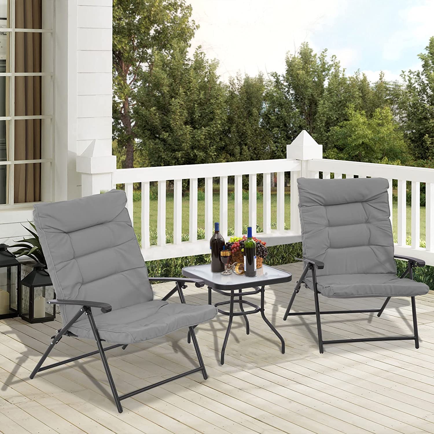 Incbruce 3-Piece Folding Bistro Set with Adjustable Reclining Chairs, Steel Frame & Coffee Table - Classic Grey Cushions for Outdoor Patio, Garden, Deck & Front Porch Relaxation | Perfect for Entertaining Guests or Lounging in the Sun
