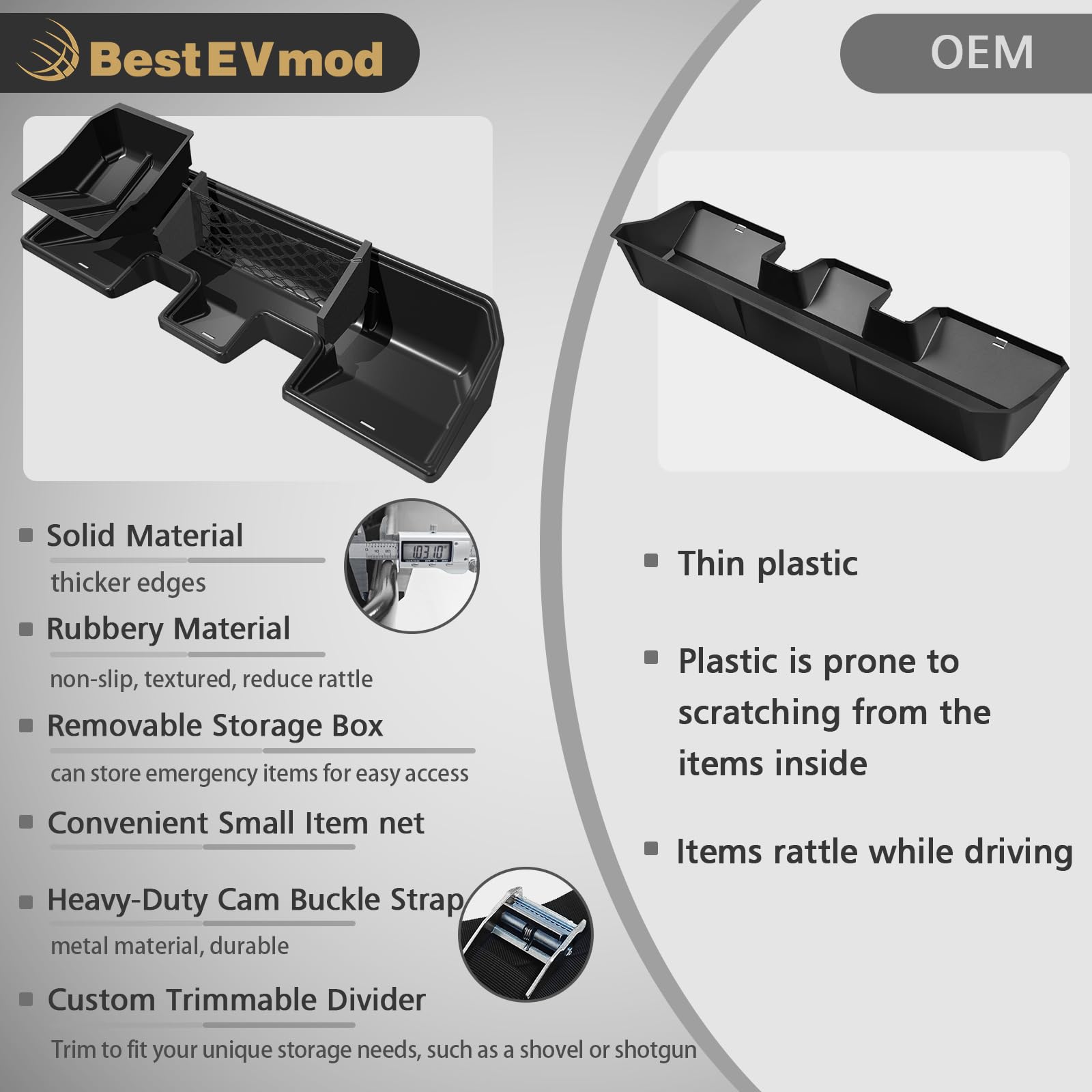 BestEvMod Tesla Cybertruck 2024+ Rear Underseat Storage Organizer - Removable Hidden Storage Box & Tray for Second Row | Perfect for Road Trips, Camping & Vehicle Organization