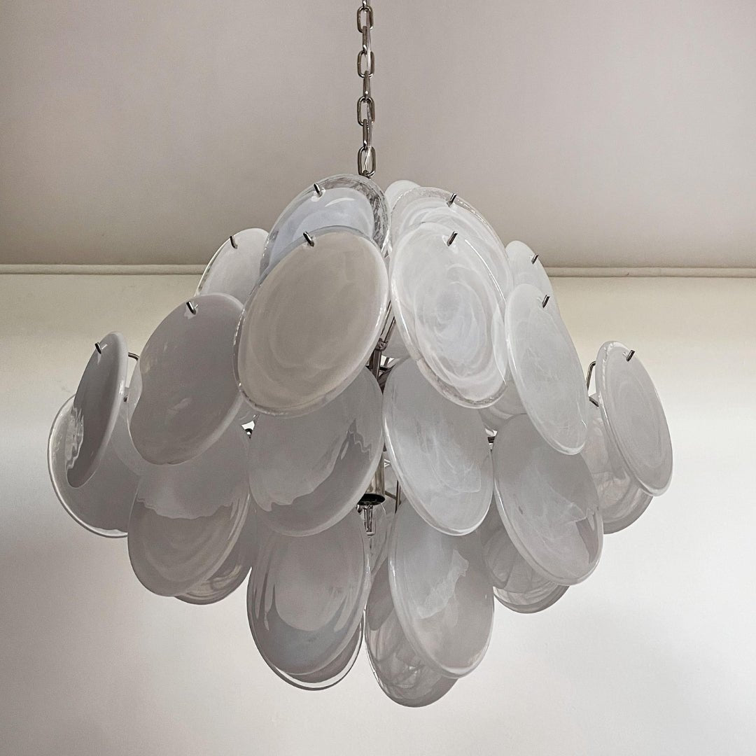 Isadora Murano White Disc Chandelier - Modern Glass Ceiling Light Fixture for Dining Room, Living Room & Bedroom Lighting Decor