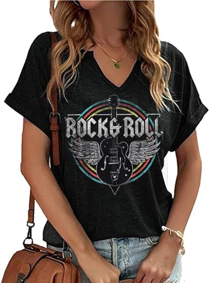 Vintage V-Neck Rock and Roll Graphic T-Shirt for Women - Guitar Music Band Tee - Country Music Teacher Top | Perfect for Concerts, Music Festivals & Casual Wear