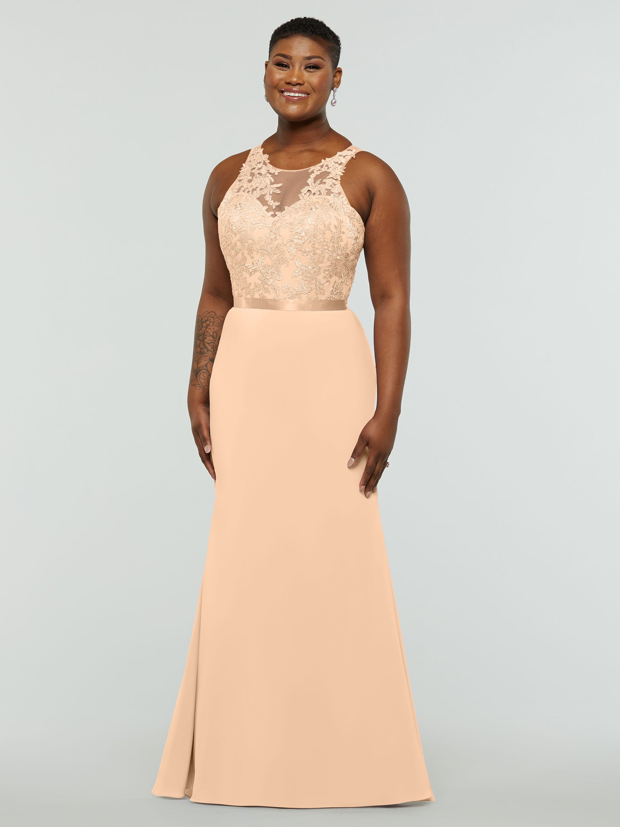 Elegant 80095 Stretch Chiffon Fit and Flare Bridesmaid Dress with Lace Illusion Bodice - Perfect for Weddings, Formal Events & Special Occasions