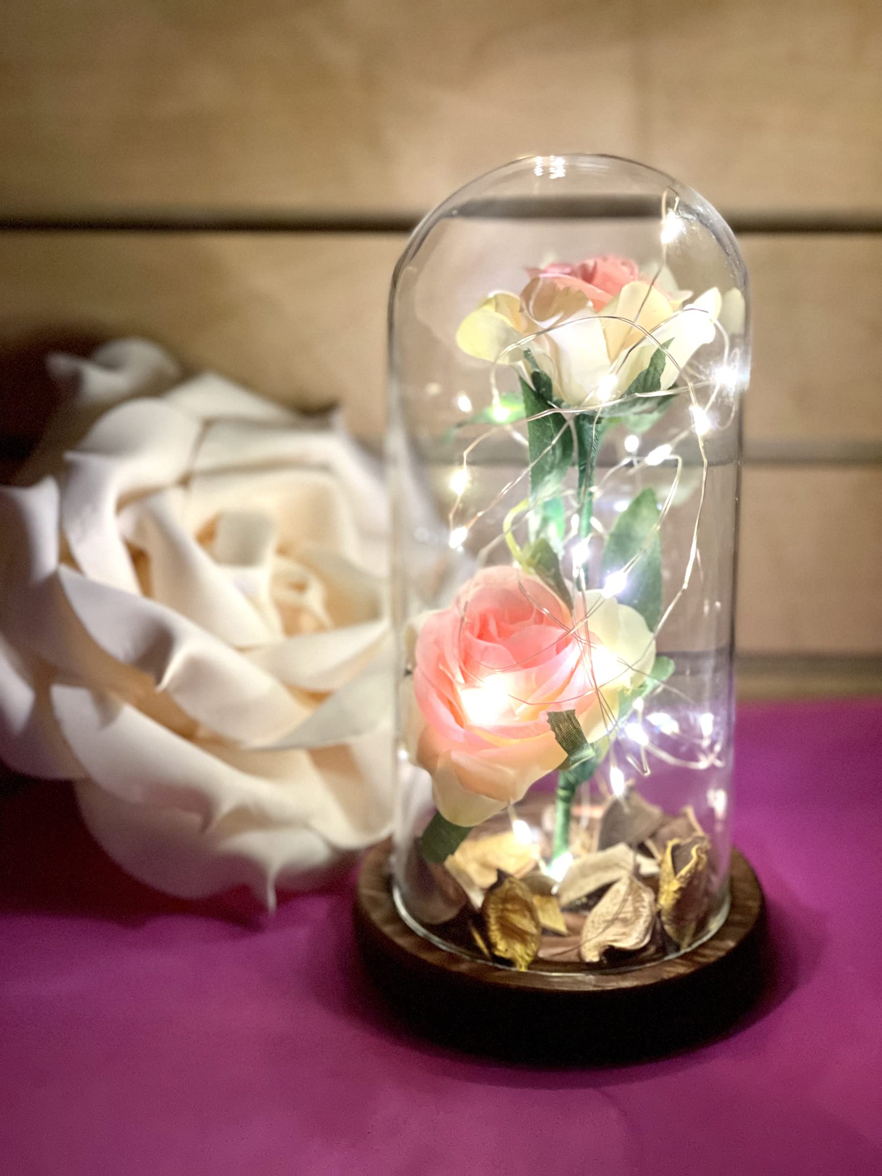 Enchanted Pink Silk Rose in Glass Dome with LED Light - Valentine's Day, Mother's Day, Anniversary Gift for Her - Perfect for Home, Office, Wedding Decor & Romantic Surprises