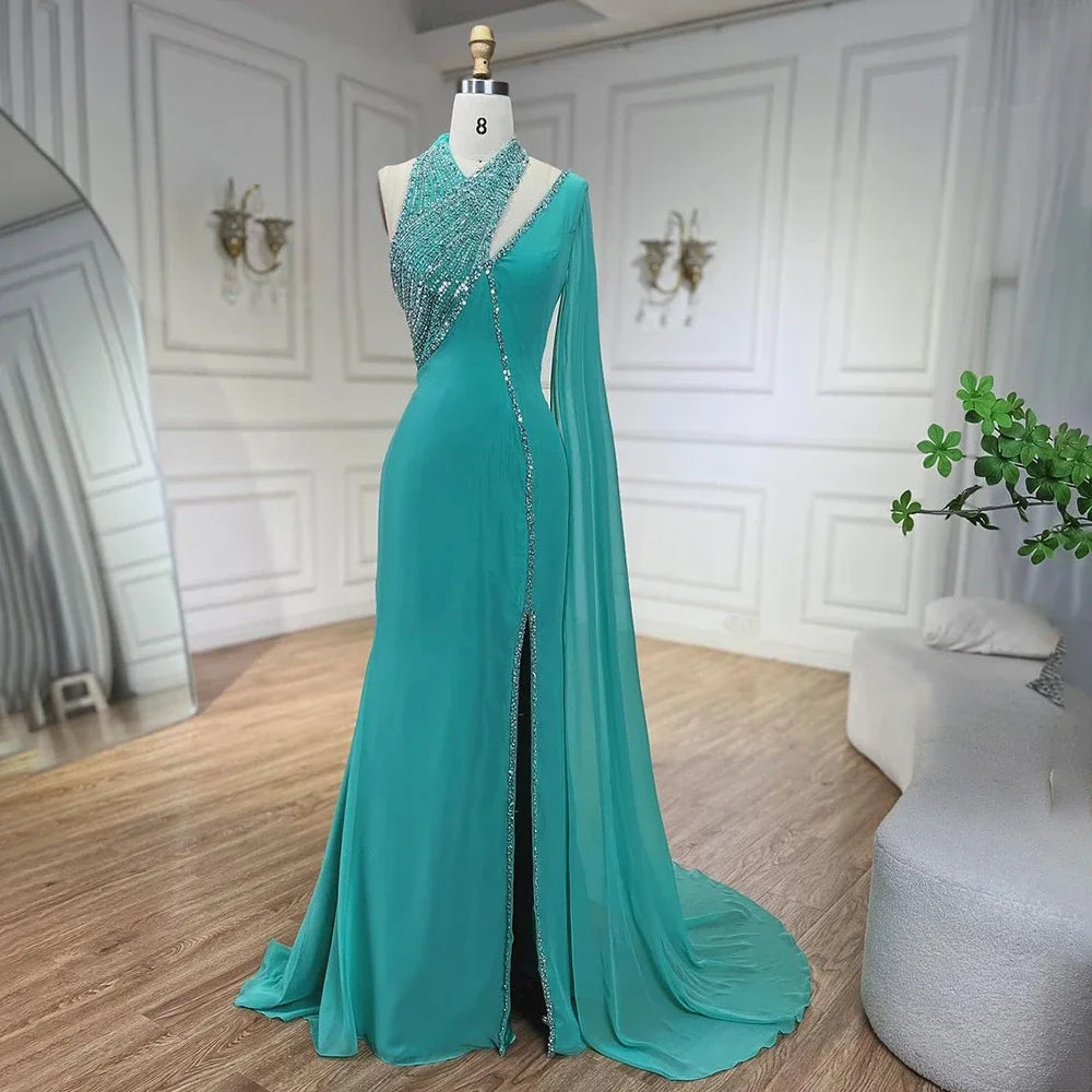 Elegant Turquoise Green Chiffon Evening Dress with Cape Sleeves - Dubai Style LA72101 for Women's Party & Formal Events