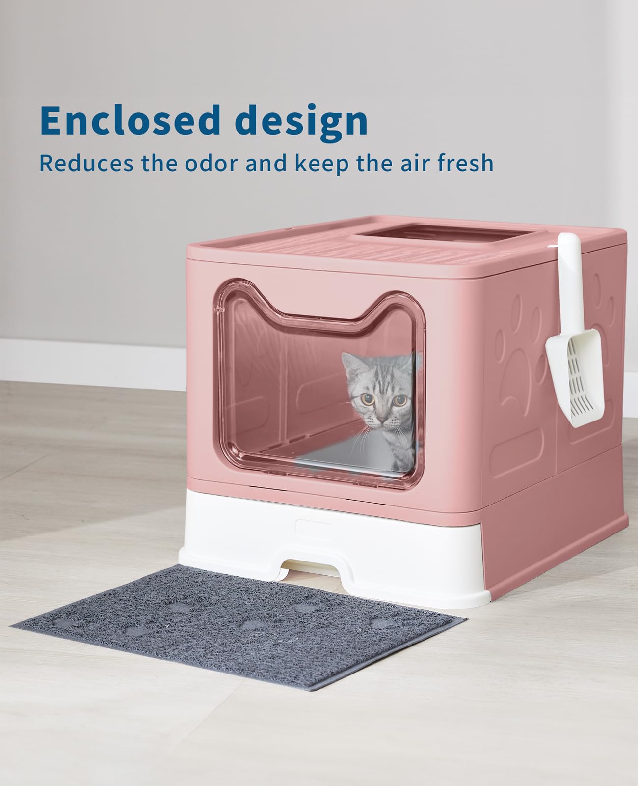 Foldable Cat Litter Box with Lid - Large Covered Litter Box with Scoop & Litter Mat - Odor Control & Easy Clean Front Entry Top Exit Kitty Litter Box (Pink) - Perfect for Small Spaces & Multi-Cat Homes