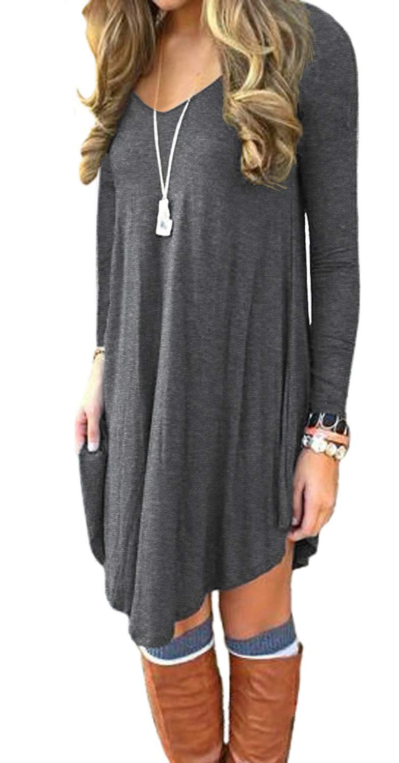 DEARCASE Women's Long Sleeve V-Neck Floral Print T-Shirt Dress - Casual Loose Flowy Swing Dress for Everyday Wear, Spring Outfits & Weekend Brunch