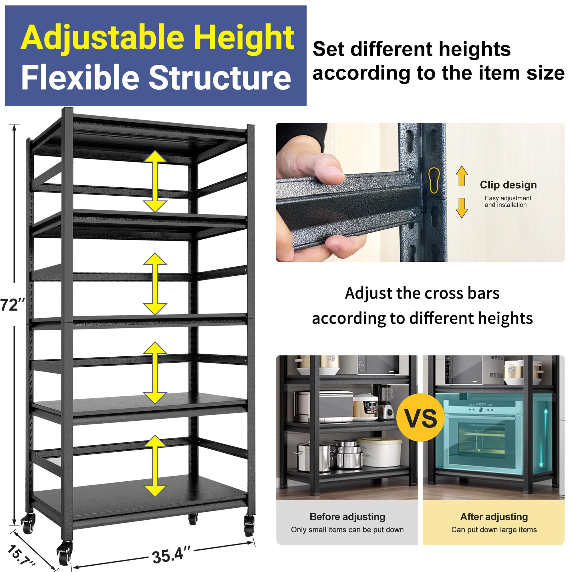 Heavy Duty 5-Tier Metal Storage Shelf with Wheels - 72