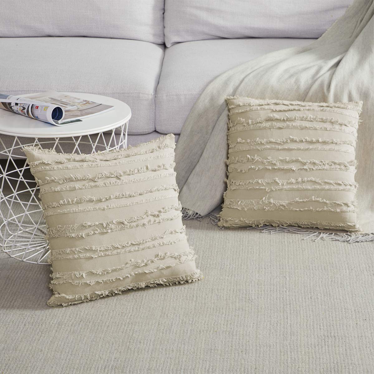 GIGIZAZA 22x22 Inch Decorative Throw Pillow Covers - Khaki Beige Square Couch Pillow Covers, Cotton Sofa Boho Cushion Pillows for Living Room, Bedroom & Outdoor Decor