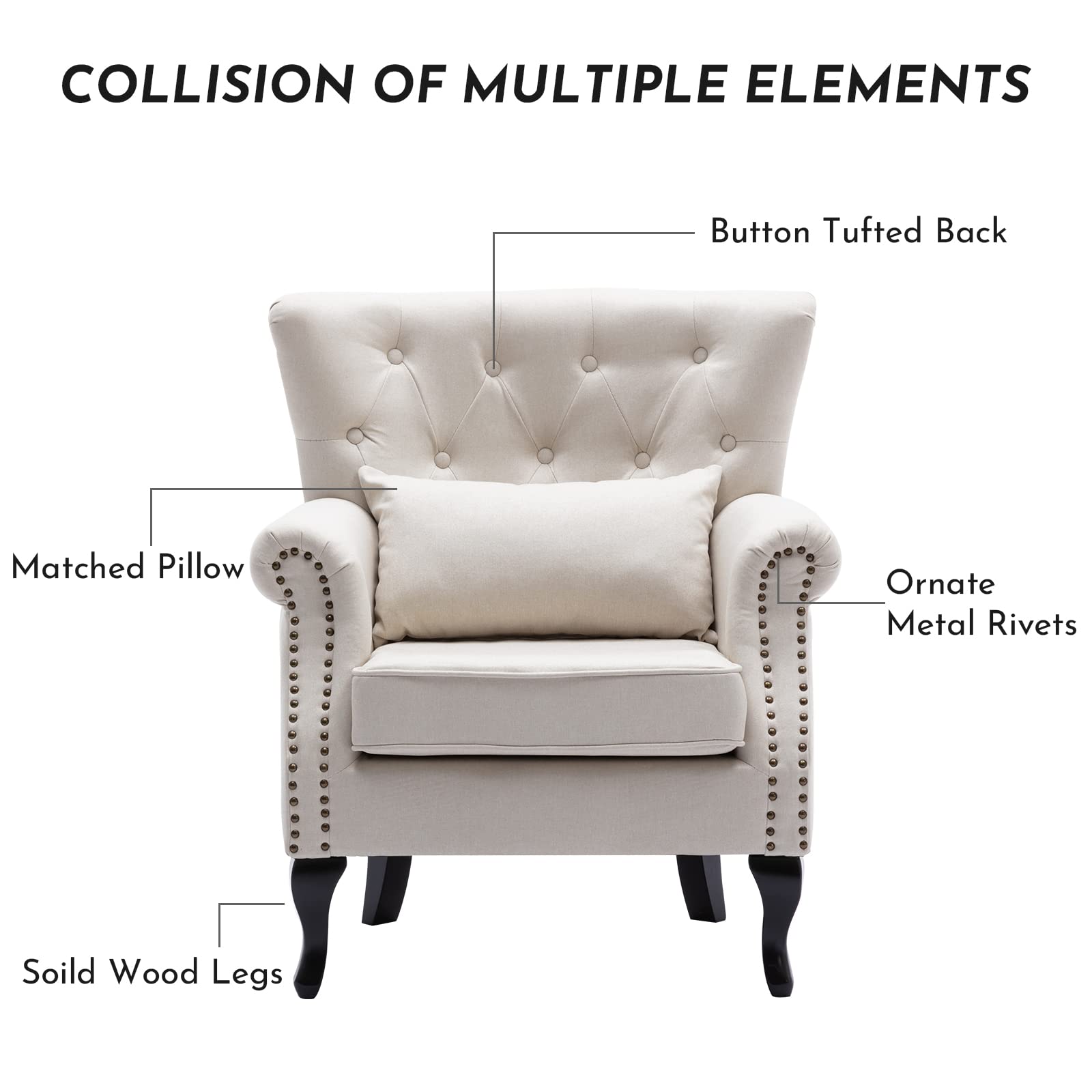Mid-Century Modern Accent Reading Armchair - Comfy Wingback Club Chair with Button Tufted Back & Lumbar Pillow for Living Room, Bedroom, Office | Linen Beige Sofa Chair | Perfect for Reading Nooks, Cozy Corners & Waiting Areas