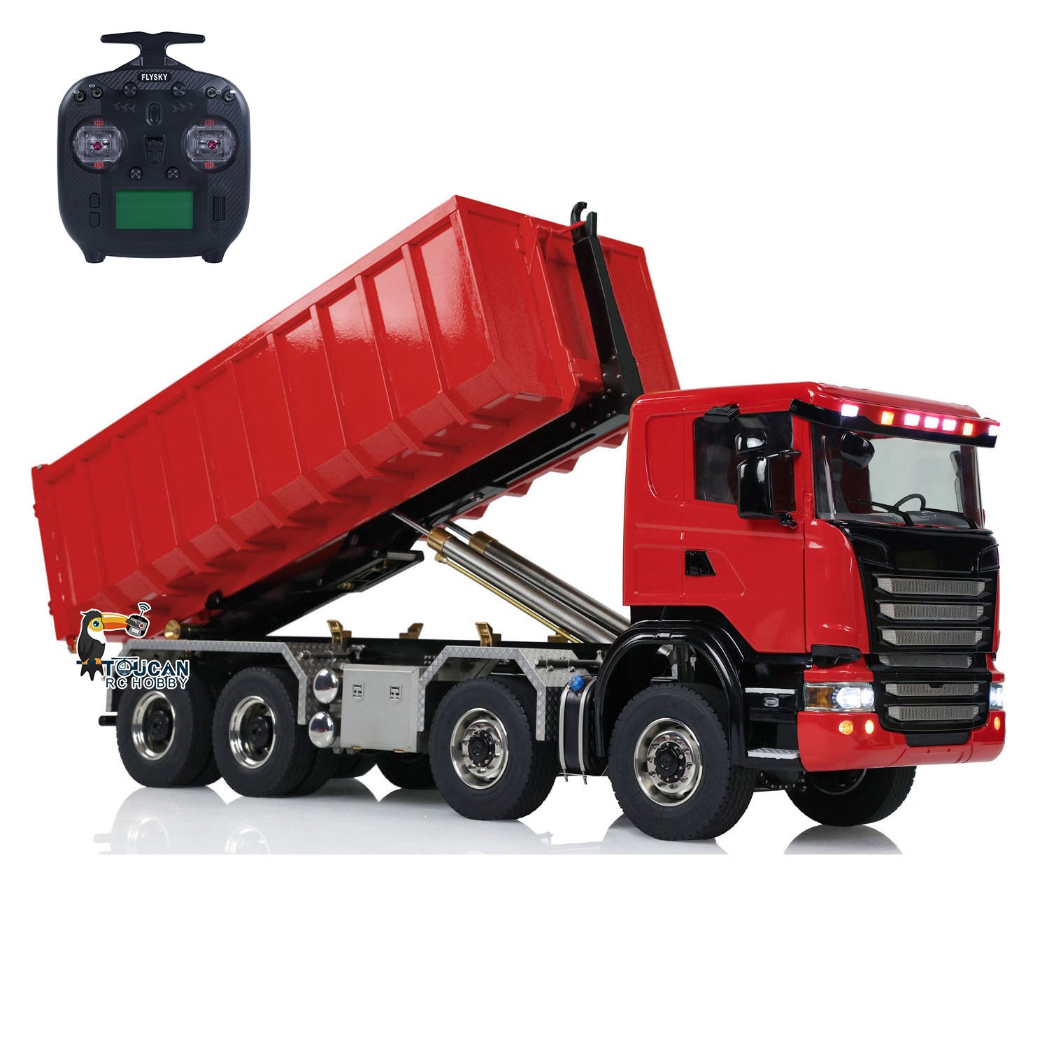 1/14 Scale 8x8 RC Hydraulic Dump Truck - Radio Controlled Roll Off Dumper with U-Shaped High Bucket & Timber Flatbed | Construction Site, Farm & Off-Road Play for Adults & Kids