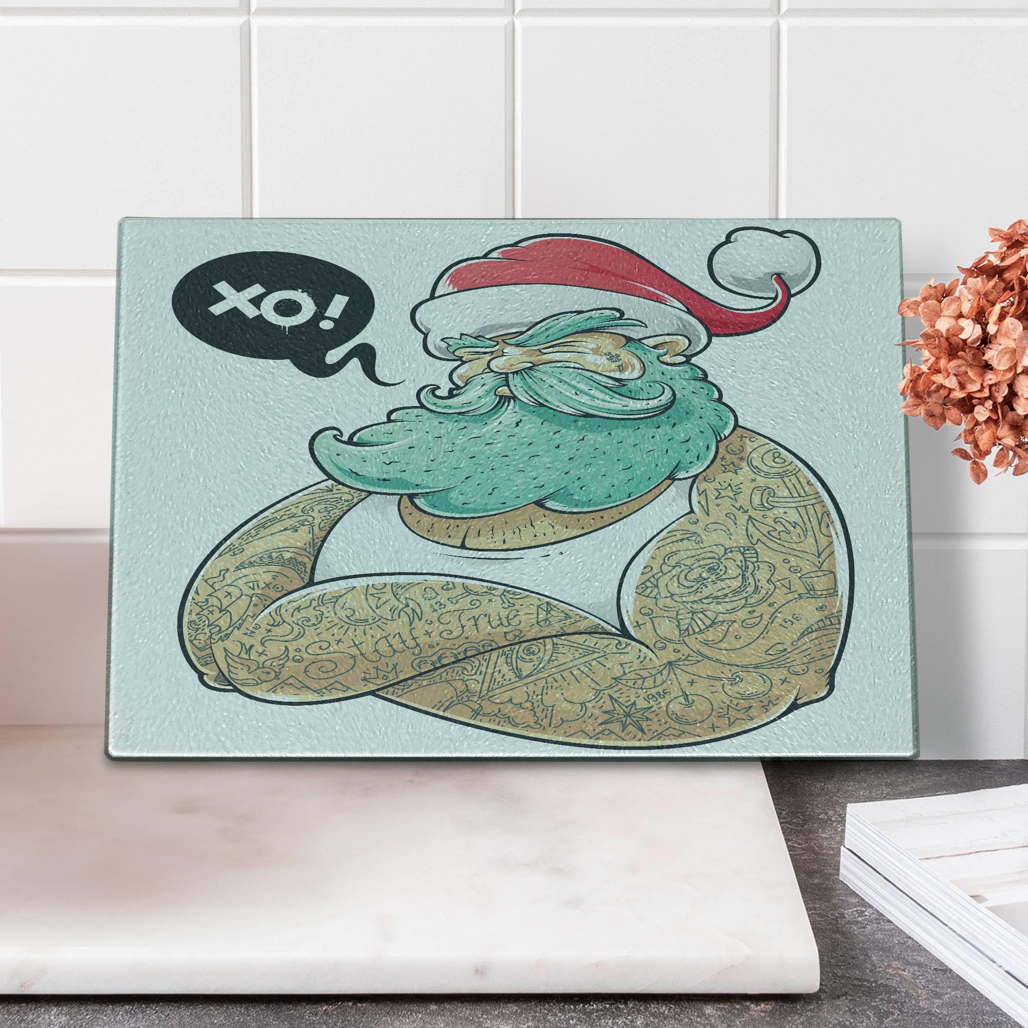 Lunarable Tattoo Themed Tempered Glass Cutting Board - Blue Santa with Beard & Tattoos Kiss Design - Decorative Serving Board for Kitchen & Dining - Small Size (Red, Blue, White) - Perfect for Holiday Parties, Gift Giving & Food Presentation