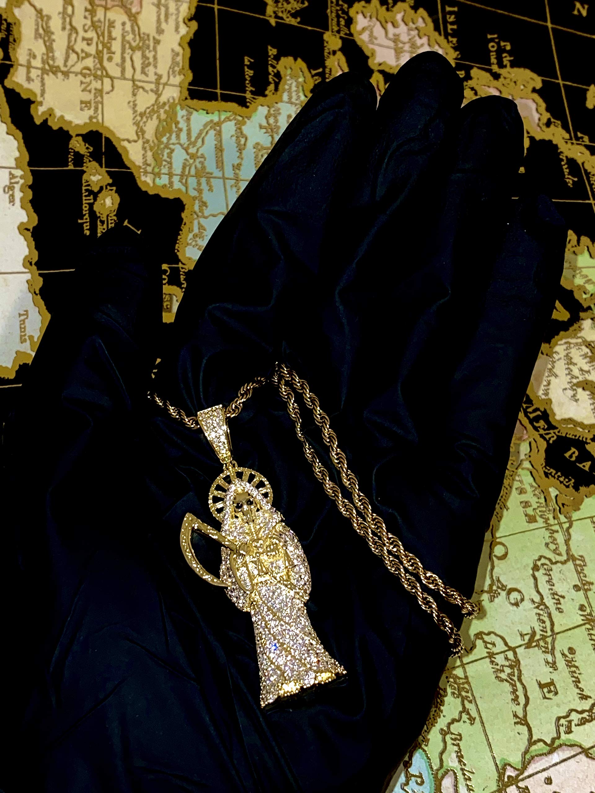 925 Sterling Silver Santa Muerte Pendant with Gold Finish & Iced Out Design - 2mm Stainless Steel Rope Chain Necklace for Men & Women - Perfect for Gifts, Everyday Wear, and Spiritual Protection Jewelry