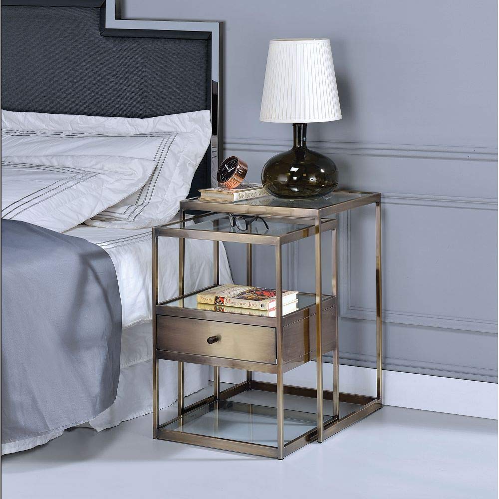 Knocbel Modern 2-Piece Nightstand Set with Drawer & Glass Shelves - Metal Frame Bedside Tables for Living Room & Bedroom - 33lbs Capacity (Antique Brass/Clear) - Perfect for Small Spaces & Apartment Decor