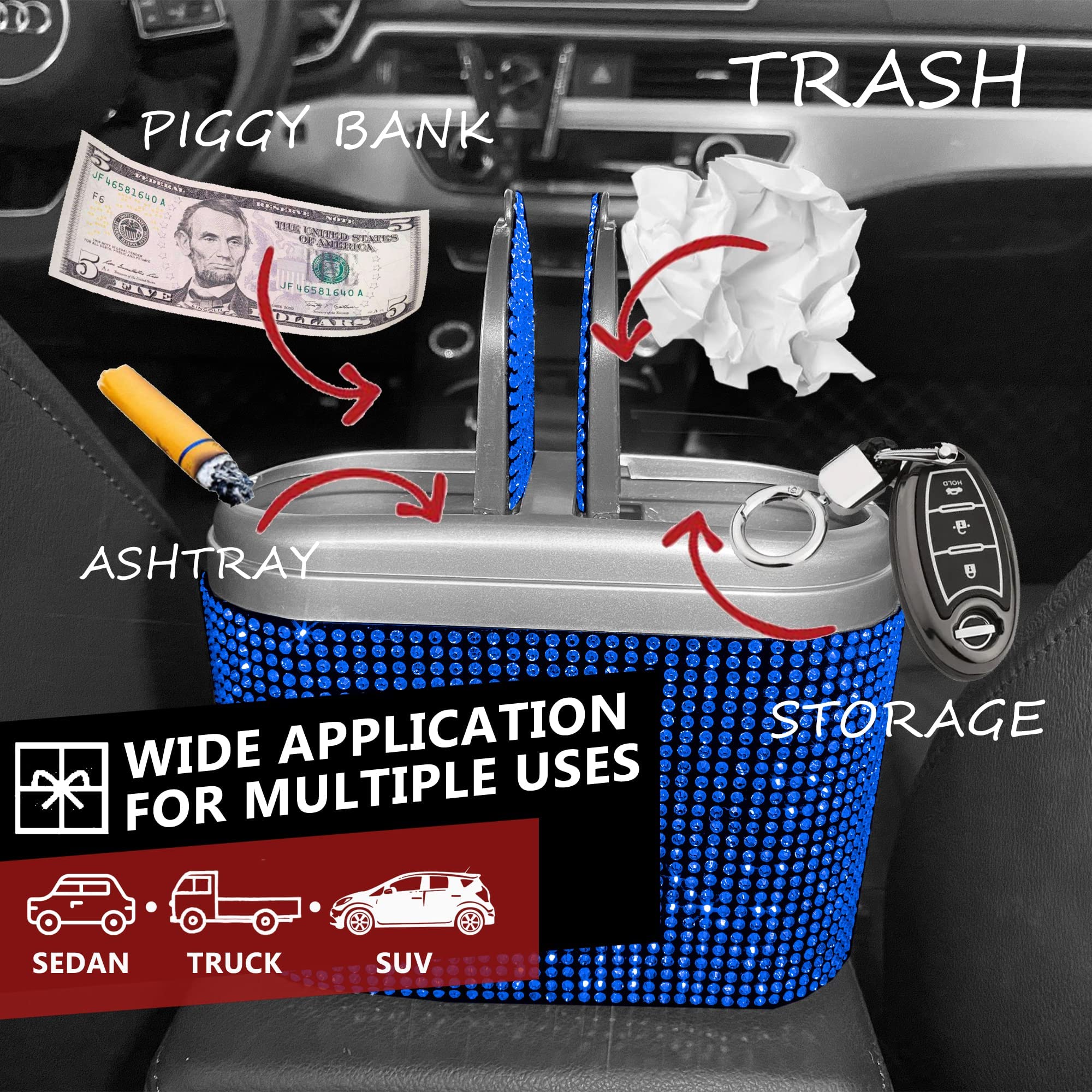 **Sparkling Crystal Car Trash Can with Lid - Hanging Waterproof Auto Garbage Bin for Car, Office, Home & Bedroom - Mini Bling Trash Bag for Desktops & Vehicles (Blue)**    *(Perfect for road trips, daily commutes, office desks, bedrooms, and keeping your space clean & stylish!)*