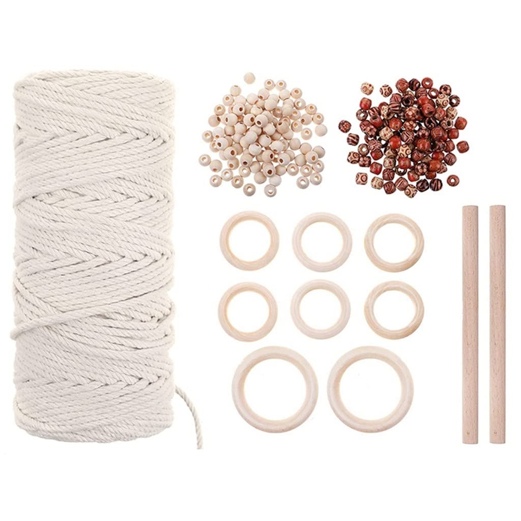 Natural Macrame Rope Kit - 3mm x 100m Cotton Cord with 2 Wooden Sticks, 8 Wooden Rings & 200 Wooden Beads for DIY Wall Hangings, Plant Hangers, Home Decor and Handmade Jewelry Making