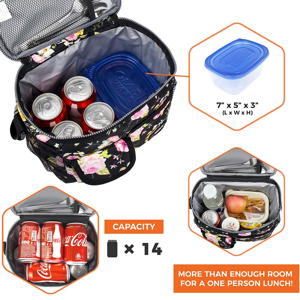 OPUX Insulated Lunch Bag for Men & Women - Leakproof Floral Black Lunch Box for Work, School & Travel - Portable Soft Cooler Bag with Shoulder Strap - Holds 14 Cans/8L - Perfect for Office, Picnics & Outdoor Activities