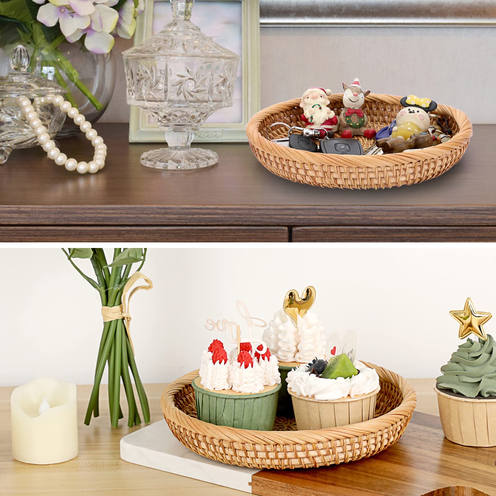 Hipiwe Set of 3 Woven Wicker Storage Baskets - Round Rattan Serving Trays for Keys, Wallet & Cell Phone | Entryway Organizer, Fruit & Snack Bowl | Home Decor for Living Room, Bedroom & Kitchen